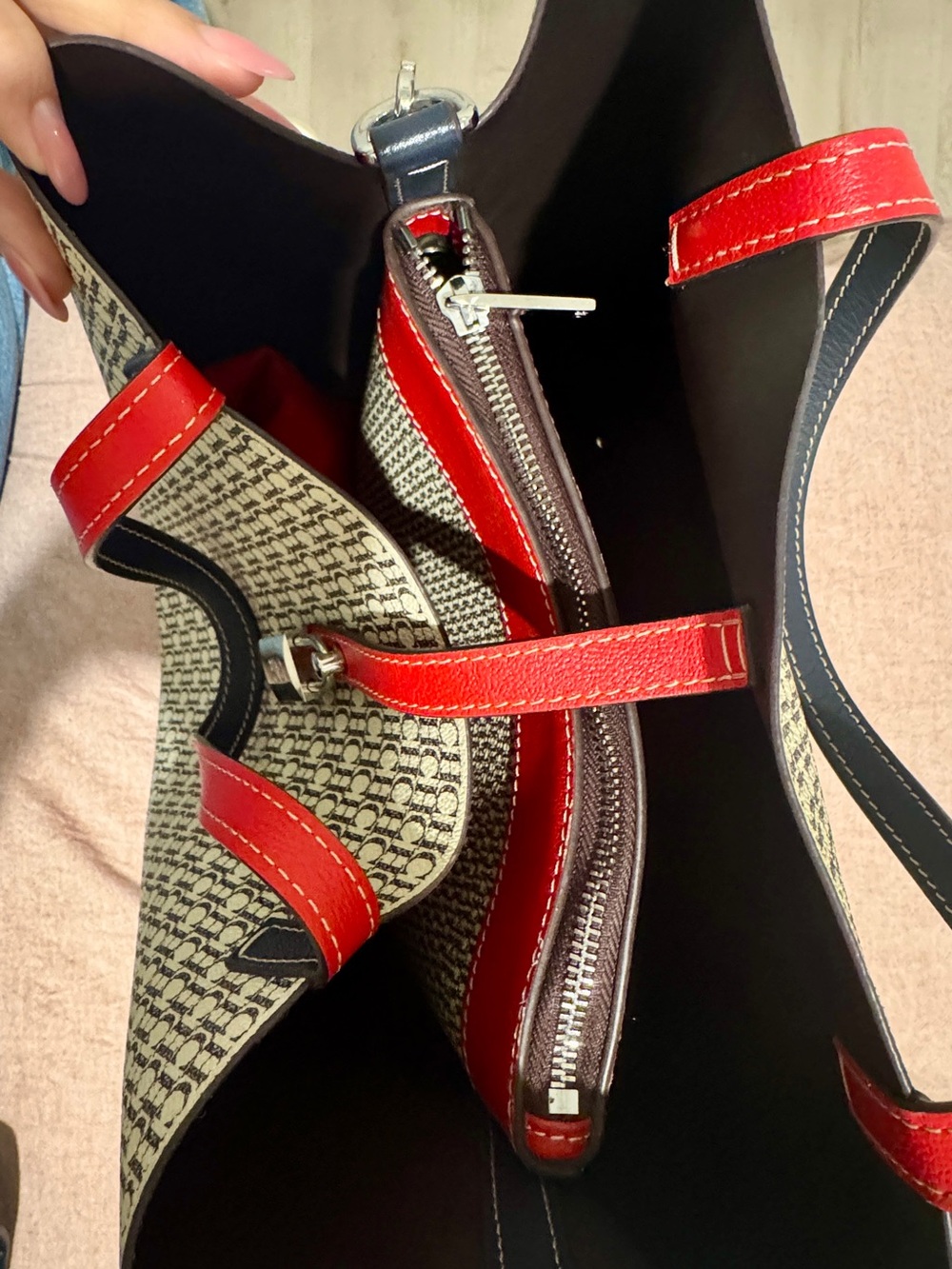 Carolina Herrera Beige Monogram Tote with Red Trim and Black Accents - Picture 5 of 7